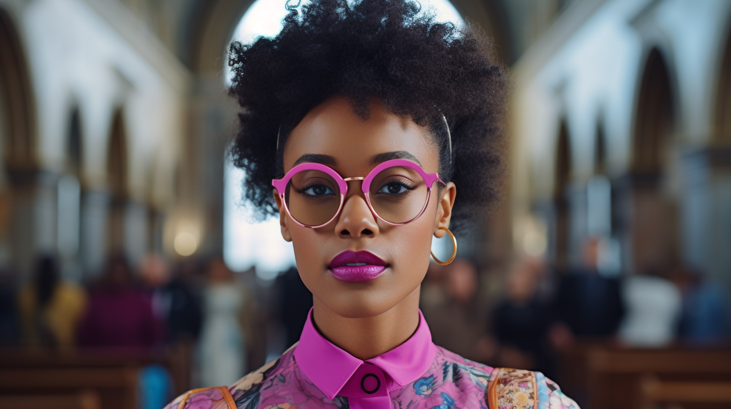 Fashionable Woman in Church with Stylish Glasses and Blazer