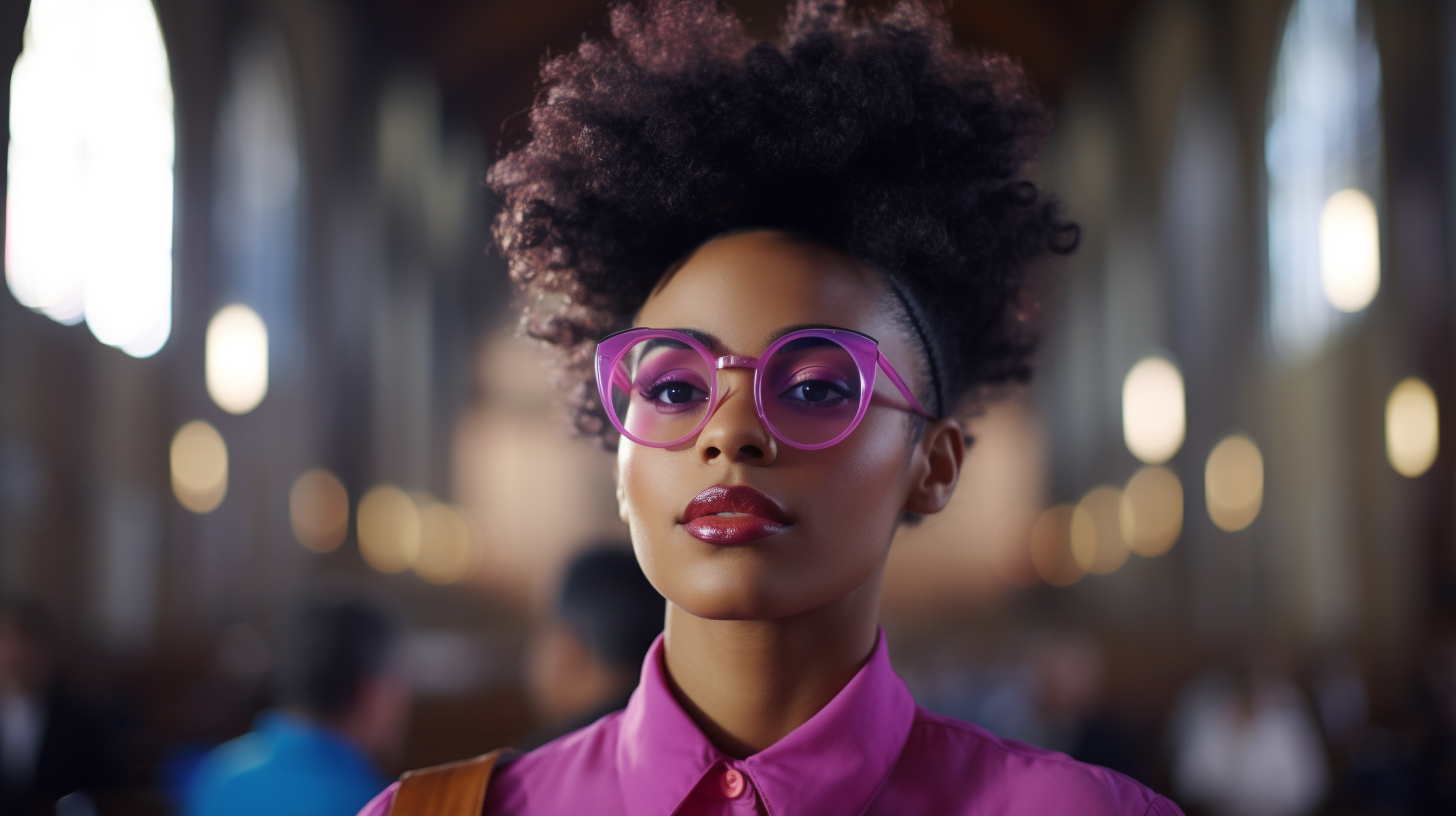 Fashionable Woman with Faded Haircut Posing in Church
